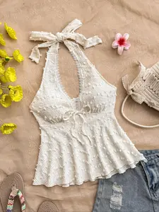 Women's Swiss Dot Texture Halter Neck Top, Casual Sleeveless Top for Holiday Vacation, Ladies Clothes for Summer, Casual Sleeveless Cami, Womenswear