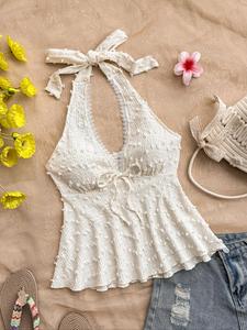 women's swiss dot texture halter neck top, casual sleeveless top for holiday vacation, ladies clothes for summer, womenswear