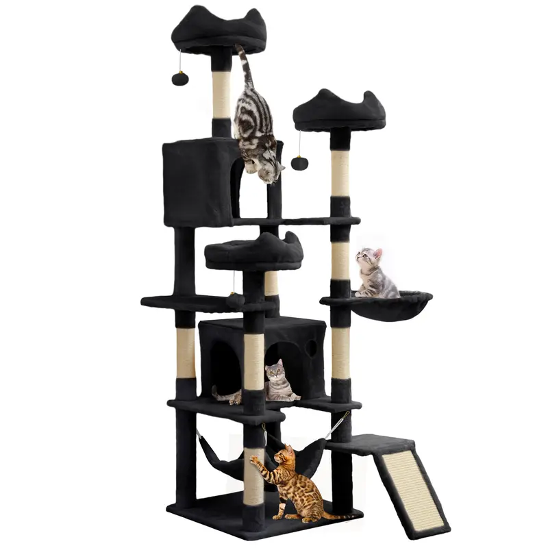 YITAHOME 75in Tall Cat Tree Tower with Anti-Tip Base, Vertical Scratcher, 3 Top Perches, Condos, Hammock, Sisal Posts-Board, Soft Plush Cushions, Cartoon Design, 18.9"l x 18.9"w x 75"h for Indoor Cats, Ideal for Living Rooms-Bedrooms