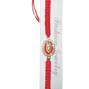 Red Virgin Maria Handmade Braid Prayer Bracelet Set with Decorative Centerpiece and Red Cord