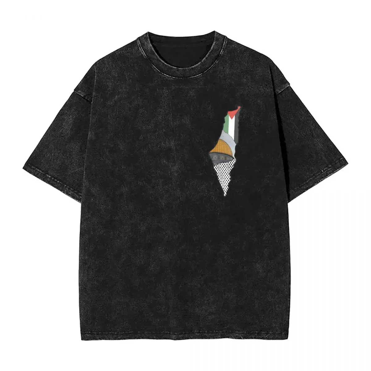 Free Palestine Map Graphic Tee Vintage Washed Oversized T Shirt Keffiyeh Dome of the Rock Streetwear Solidarity Support Gaza Peace Apparel Aesthetic Y2K Viral Tiktok Trending Summer Casual Top Middle East Arab Muslim Gift Dark Black Shirt