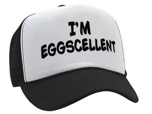 Playful Design Trucker Cap, Funny "I'm Eggscellent" Graphic, Adjustable Snap Closure, Breathable Mesh, Unisex Functional Fashion Accessory