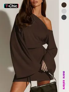 Elegant Chic One Shoulder Flare Sleeve Fitted Dress, Deep Color Evening Night Out Short Skirt, Show off Shoulders Party Dress for Women, Elegance Feminine Style
