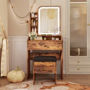 Small Makeup Vanity Desk With Mirror And Lights, Vanity Table Set With Storage Drawer, Chair And 3 Shelves, For Bedroom, Cloakroom, Vintage Brown