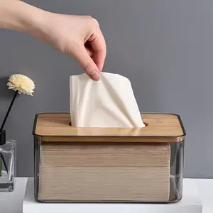 Modern Lid Transparent Tissue Box Holder with Wood Cover & Base, Ideal for Bathroom, Toilet Paper Storage, Minimalist Decor for Office