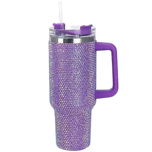Cupcupmore 40 oz Purple Bling Rhinestone Stainless Steel Sippy Tumbler Glitter Vacuum Insulated Thermal Water Bottle with Straw & Lid &Handle,Sparkle Car Cup Holder,Keeps Cold 12 Hours Drinks,Coffee