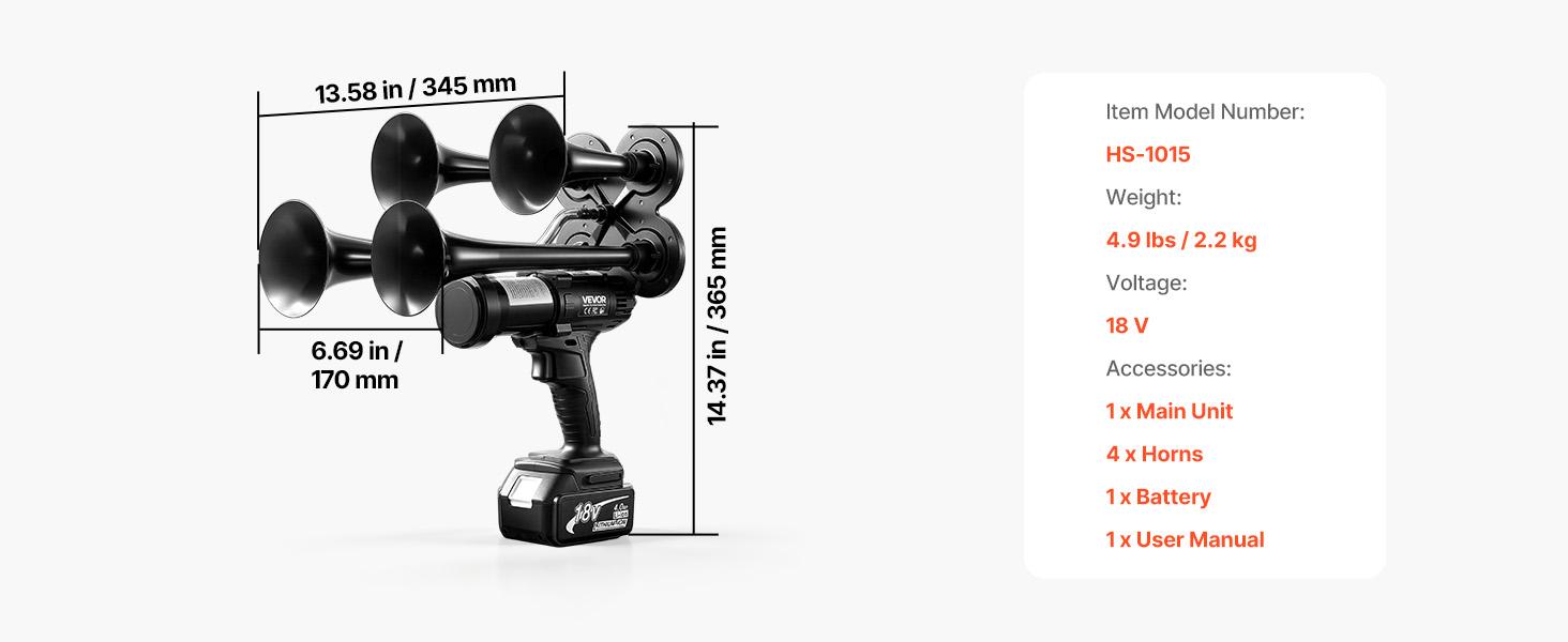 【BackToSchool】VEVOR Cordless 4-Trumpet Air Horn 130dB Train Air Horn & Built-in Air Pump, 18V 4Ah Lithium Battery, Powerful Sound, Strong Penetration, Handheld Portable for Vehicle Alerts, Holiday & Sporting Events