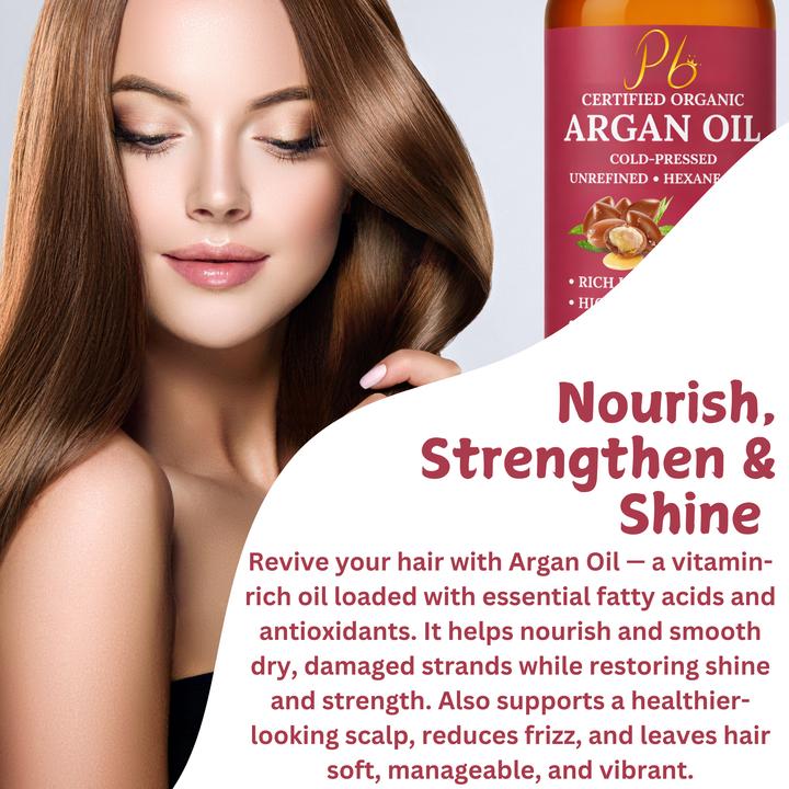 Pomberries USDA Organic Argan Oil 4 fl oz – Cold-Pressed, Unrefined Moroccan Argan Oil for Hair & Skin – Glass Bottle