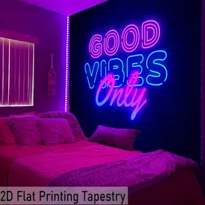 [Glow-in-the-Dark Tapestry] Vibrant Purple & Pink 1pc "Good Vibes Only" Neon Tapestry | 2D Flat, Glow-in-the-Dark, Easy-to-Hang Polyester Fabric for Bedroom, Living Room, Dorm Decor, Modern Aesthetic, Bedroom Decorations