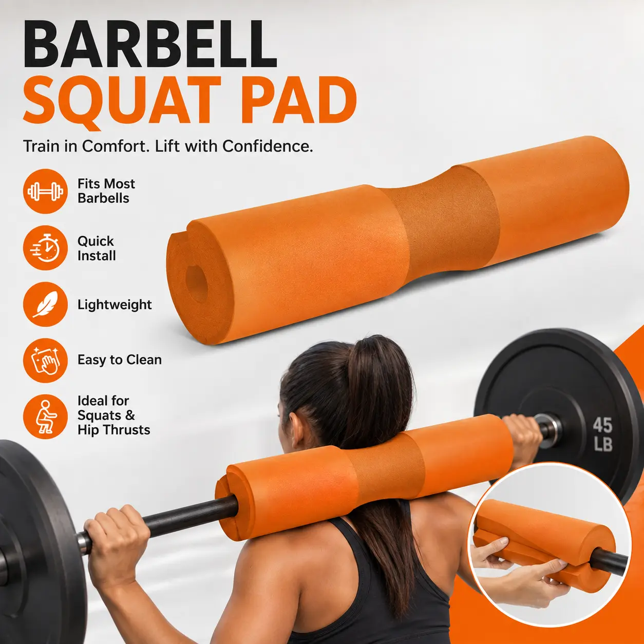 Unisex Barbell Squat Supportive Pad, Thick Foam Shoulder & Hip Cushion for Squats-Lunges, Ergonomic Weightlifting Bar Accessory, Orange