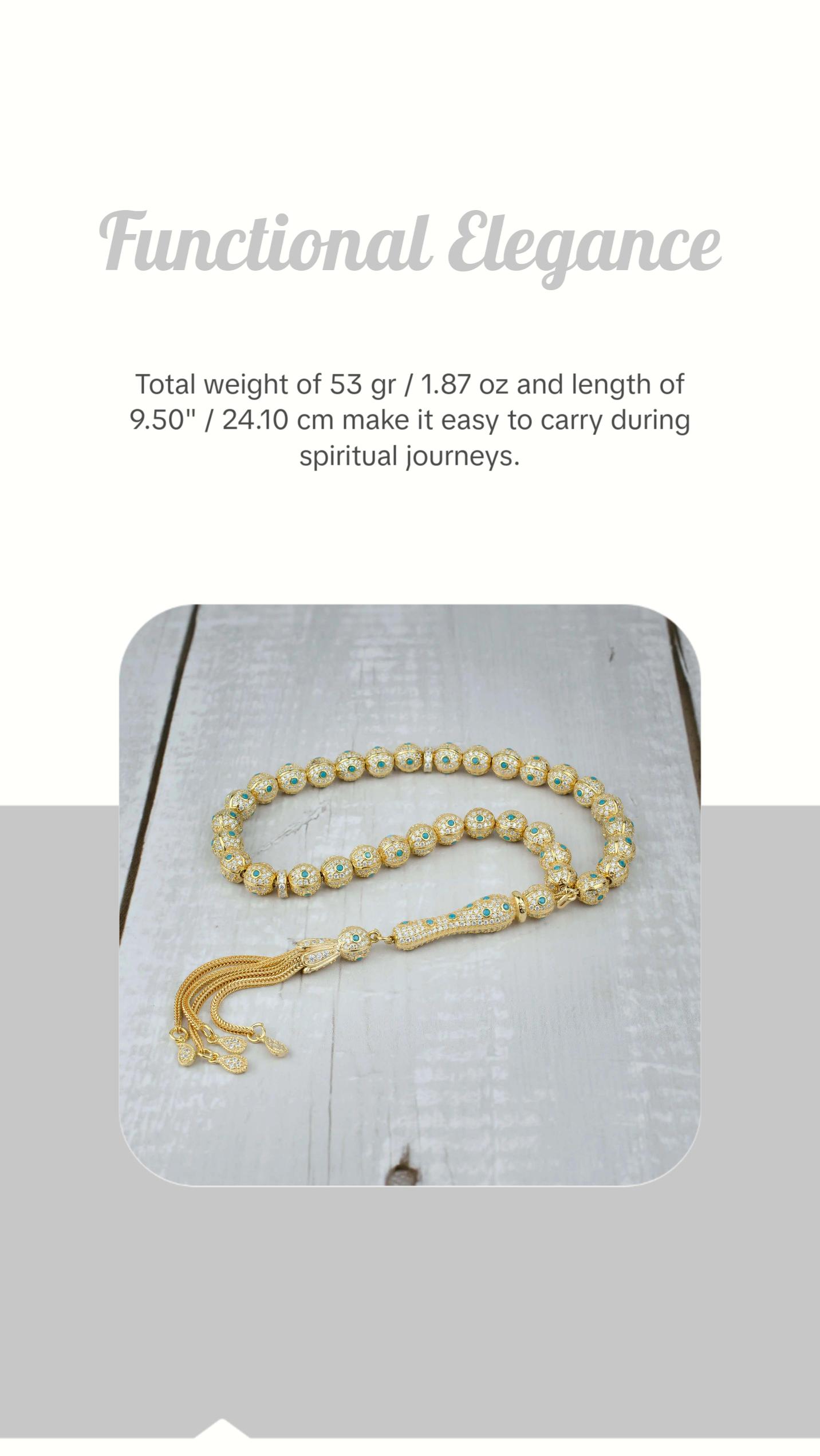 Gold Plated Sterling Silver Turquoise Zirconia Tasbih Muslim Prayer Round Worry Beads