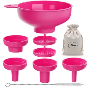 Wide Mouth Versatile Funnel, Canning Funnels for Kitchen Use, Food Grade Plastic Cooking Funnel Set with 4 Size Spouts and 2 Strainers for Filling Different Bottles and Bags, Pink