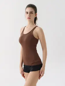 Ribbed Strappy Long Women's Sports Tank Top Outerwear Knit Sleeveless High-Elastic Vest Workout Apparel