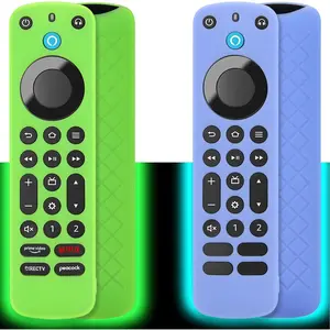 L-RDC002  Remote Cover Case (2pcs, Glow in The Dark) Compatible with Firetv Voice Remote Pro (2022 Released), Anti Slip Shockproof Silicone Sleeve with Wrist Strap (Green & Sky Blue)