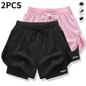 Women’s casual athletic shorts, 2-pack, faux two-piece design, solid color, with built-in lining, elastic drawstring waistband, suitable for outdoor fitness, running, sports, and casual wear; women’s shorts