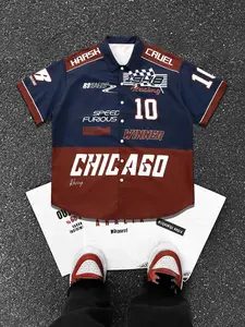 Men's Regular Fit Racing Print Short Sleeve Graphic Shirt, Casual Streetwear Vintage Retro Top for Summer, Fashion Men's Clothes for Daily Wear