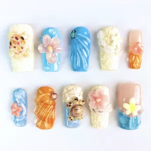 Tropical Beach Press On Nails Handmade 3D Flower Shell Nail Set - Cute Blue Orange Summer Acrylic False Nails for Vacation Aesthetic Girls 2026