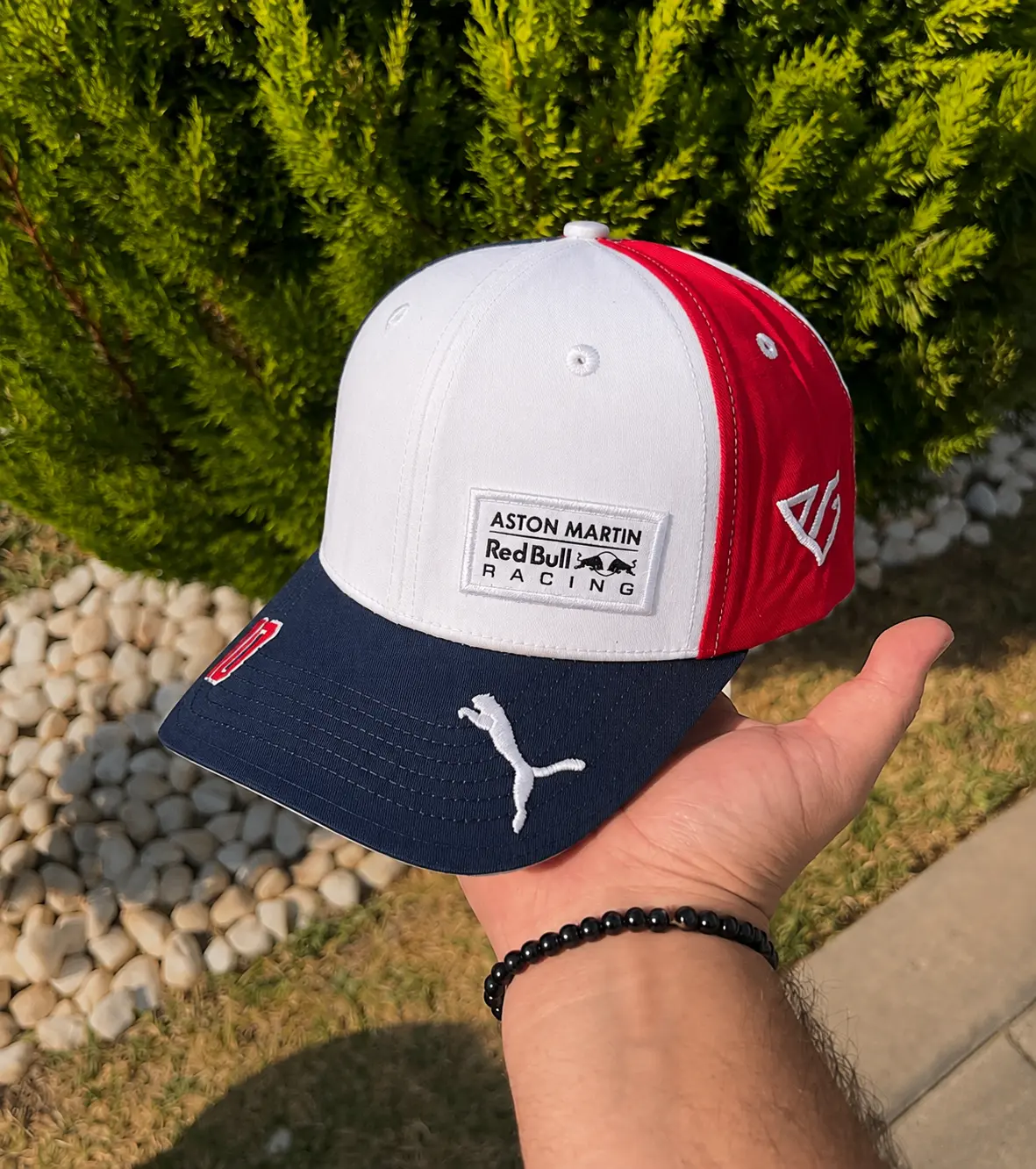 PUMA Aston Martin Red Bull Racing Cap – White Red Navy, Curved Brim, Embroidered Logo, Motorsport Formula Racing Hat