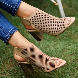FMEYOA Heels for Women Open Toe Boots Cutout Ankle Strap High Heel Chunky Block Sandals