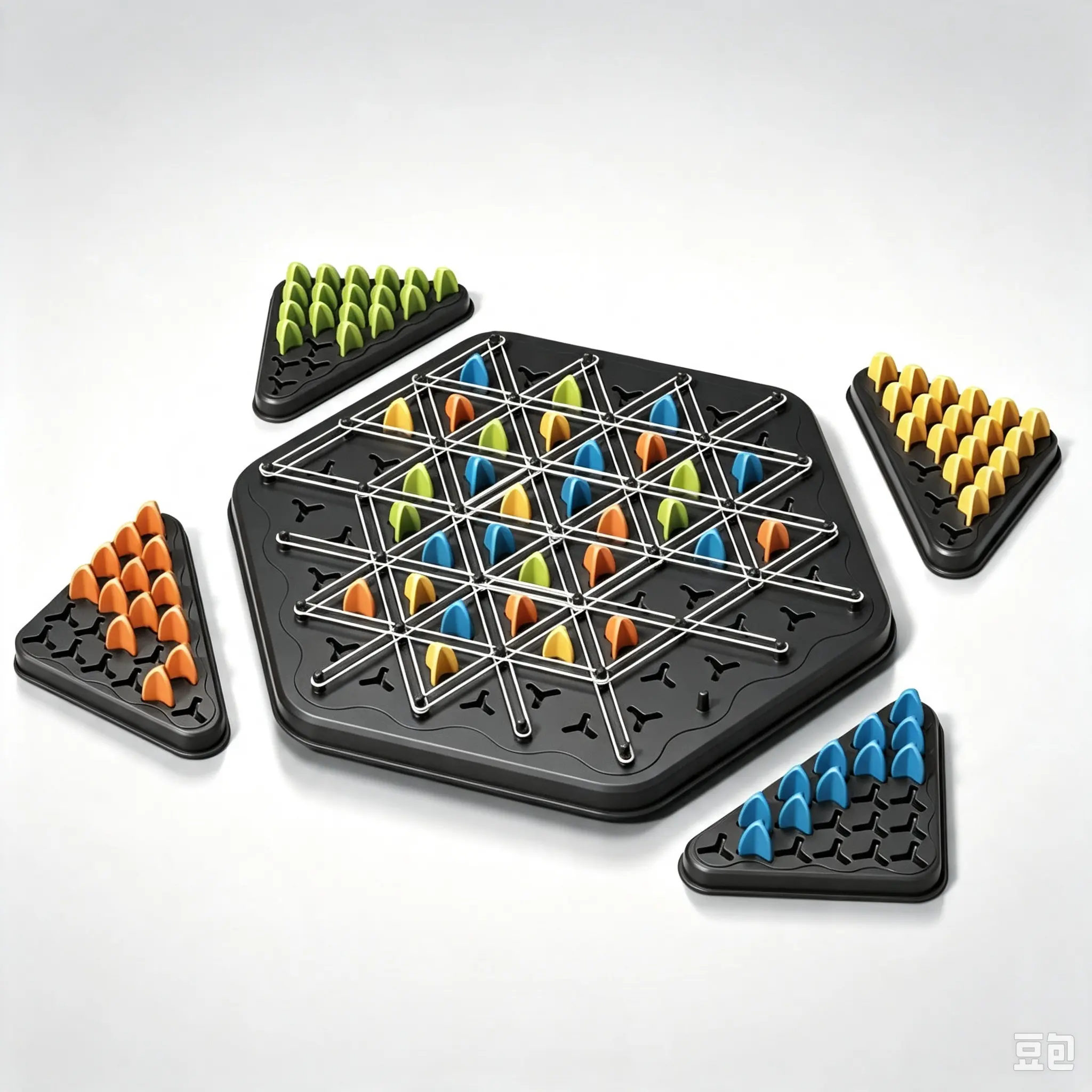 Unisex Triangle Chain Chess Geometric Strategy Board Toy - 2-4 Players Fun Activity for Kids and Adults, with Rubber Bands, 84 Tokens, 4 Token Trays, 1 Game Board, Concentration Puzzle for Family Game Night, International Children's Day Pick