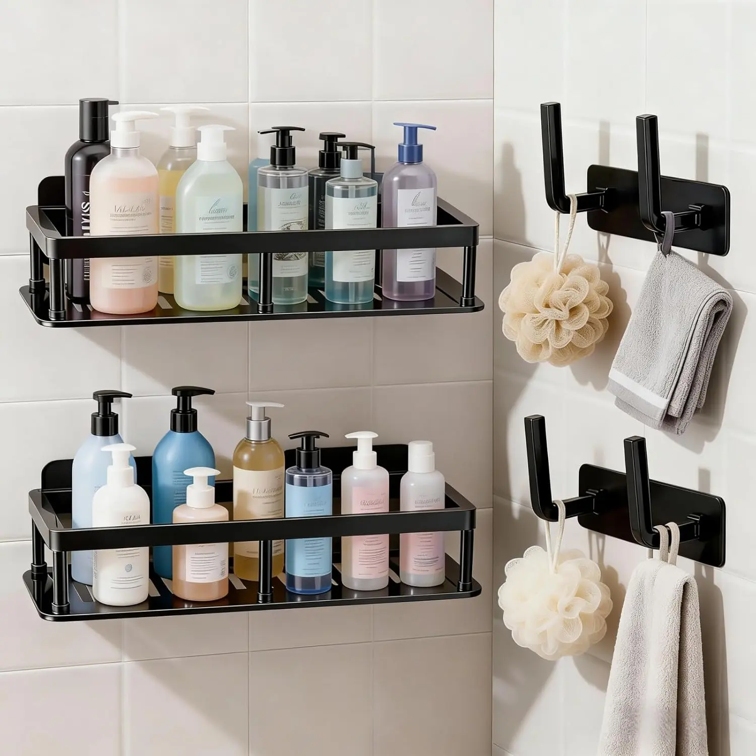 4-Pack Black Adhesive Shower Caddy Bathroom Accessory - 2 Large-Capacity Self-Adhesive Wall Shelves with Hook Racks, No-Drilling Storage Organizer for Bathroom, Apartment Accessories summerwins,