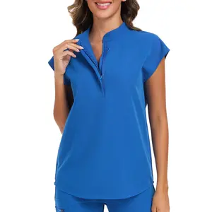 VECARDI Women's Half-Zip Mandarin Collar Scrub Top - Nurse Approved 4-Way Stretch Medical Workwear, Royal Blue