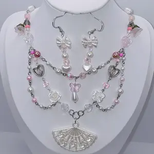 Handmade pink necklace earrings set