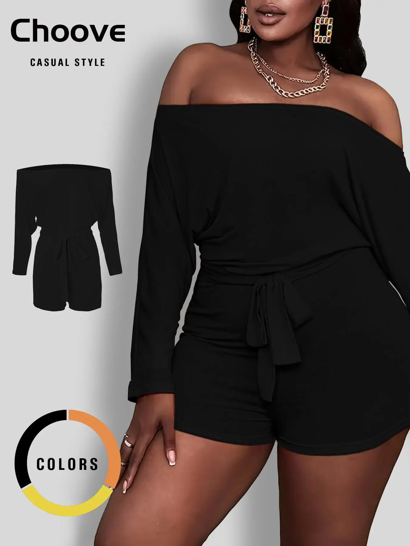 Women's Solid Off The Shoulder Romper, Casual Long Sleeve Belted Romper for Daily Wear, Ladies Back To School Clothes for Fall