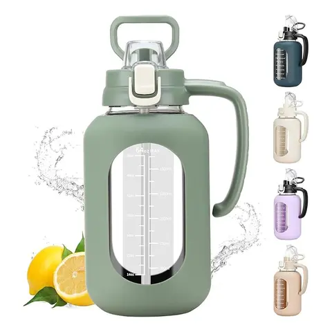 WINSA 64oz Half Gallon Reusable Glass Water Bottle - Leakproof, BPA-Free Drinkware with Lid, Handle Grip, Time Markers, Silicone Sleeve, Dishwasher Safe for Gym, Hiking