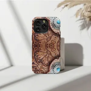 🪶💎 Embossed Western IP Phone Case – Faux Leather Floral Design with Turquoise Accents for IP Phone 17/16/15/14/13/12/11/X – Luxe & Protective 🤎