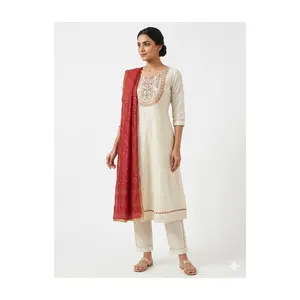 #2PS-25 Elegant Cream Embroidered Kurta with Contrast Red Dupatta | 2-Piece Ethnic Set (No Bottom)
