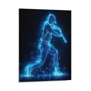 Cartoon Baseball Player Canvas Posters Wall Art Prints Blue Glowing Neon Softball Player Home Wall Aesthetic Living Room Bedroom Office Decor Festival Gift