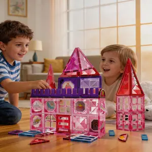 54-piece princess-themed colorful magnetic tile set with translucent diamond window panels, STEM early learning educational building blocks for ages 3–8 children, an ideal gift for boys and girls for birthdays and various holidays,  strong magnets
