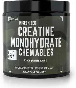 Ketostat Micronized Creatine Monohydrate Chewables 5g Per Serving Blue Razz Flavor 150 Tablets 30 Day Supply Preworkout & Wellness Boost