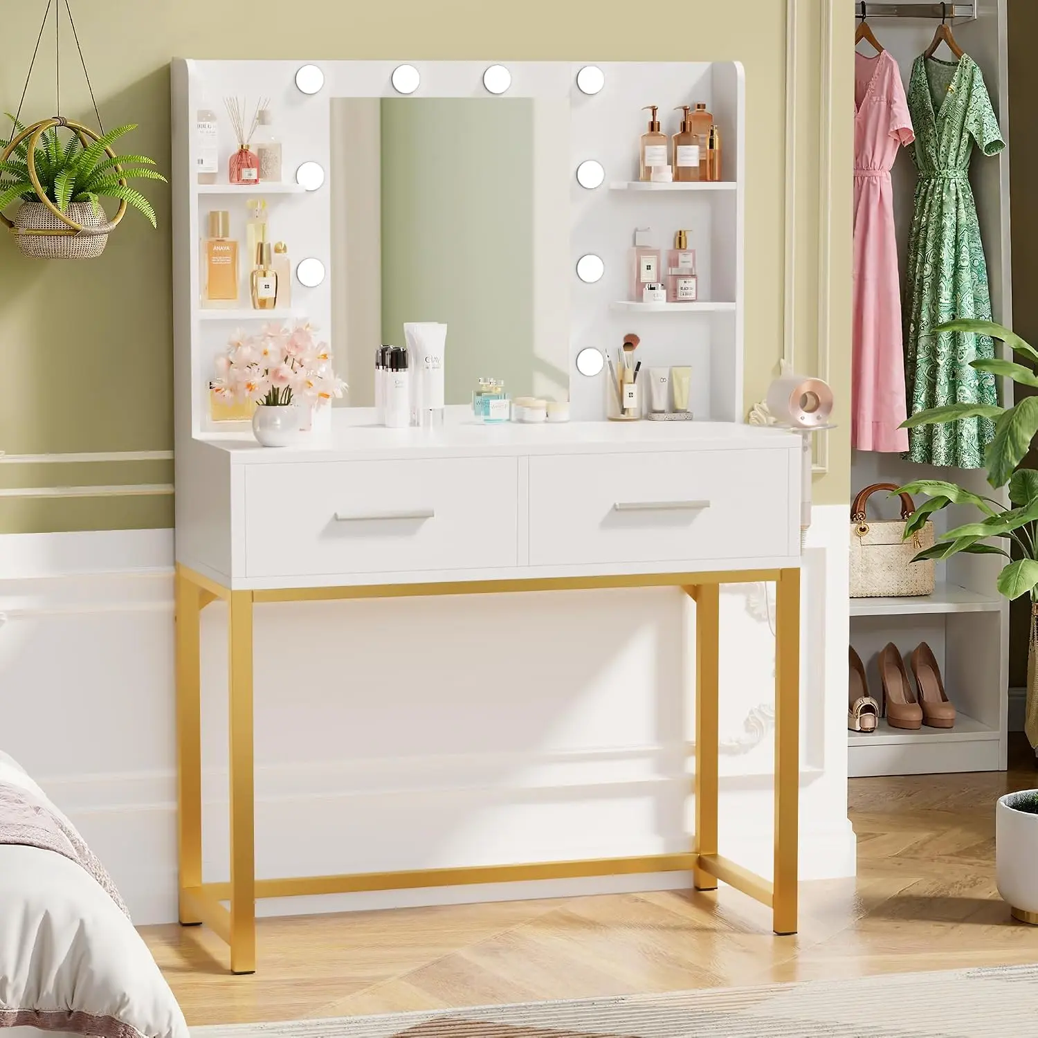 Furmax Modern Gold Metal Makeup Vanity Table Set - Engineered Wood Desk with Power Outlets, Hair Dryer Holder, LED Lights and Makeup Storage