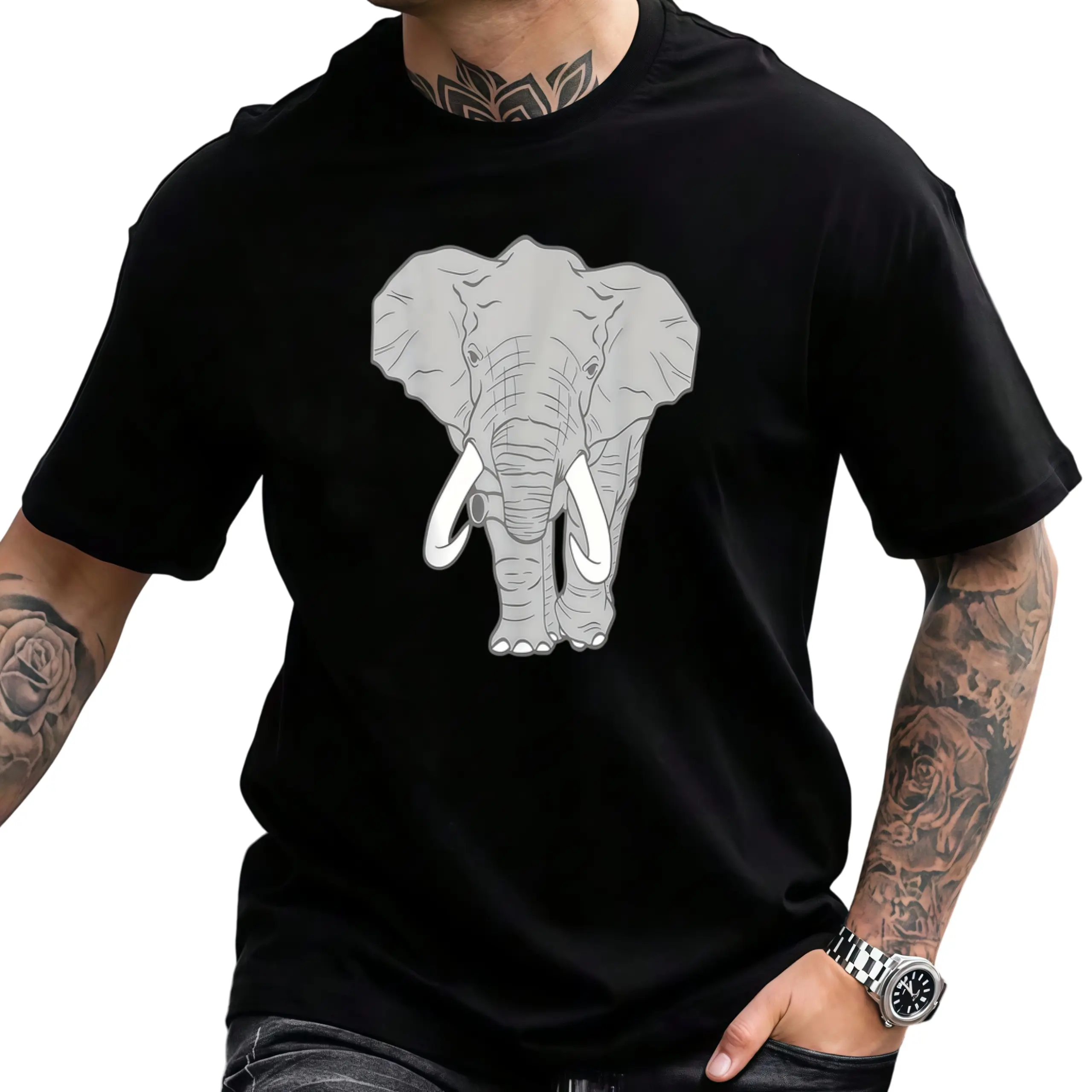 Men's African Elephant T-Shirt - Elephant & Elephant Iconic Trunk, Casual Round Neck Tee, Medium-Stretch Fabric Suitable for Animal Lovers, Casual Attire & Outfits
