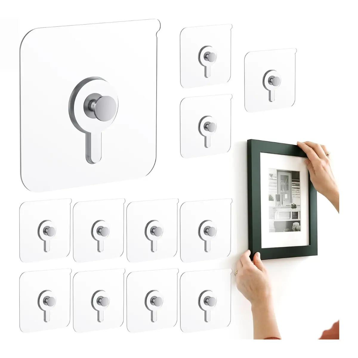 12PCS Adhesive Picture Hangers Heavy Duty, Nail Free Wall Hooks 20lbs Transparent Sticky Hooks for Frames Bathroom Kitchen