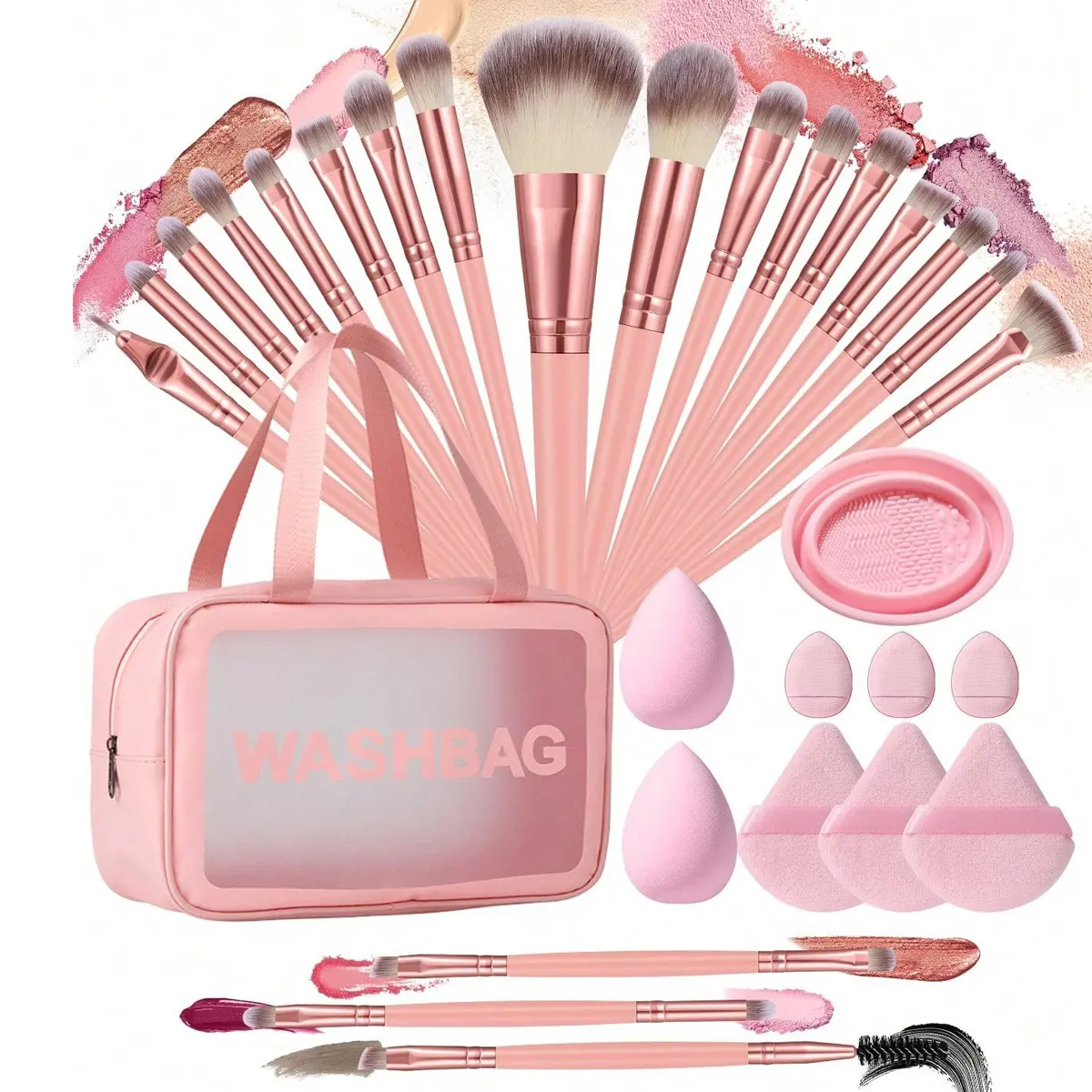 Makeup Brush Set with Storage Bag, Including Waterproof Multi-Functional Zipper Toiletry Sponges, Triangle Powder Puffs, Mini Cushion Powder Puffs, Brush Cleaner for Cleansing