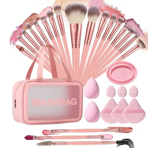 30-Piece Makeup Brushes Set for Beginners - Dustproof Portable Compact Storage Bag, Waterproof Multi-Functional Zipper Toiletry Bag, Triangle Powder Puffs, Mini Cushion Powder Puffs, 0 Fallout Brush Cleaner for Smoothing, Blending Blush & Flawless Makeup