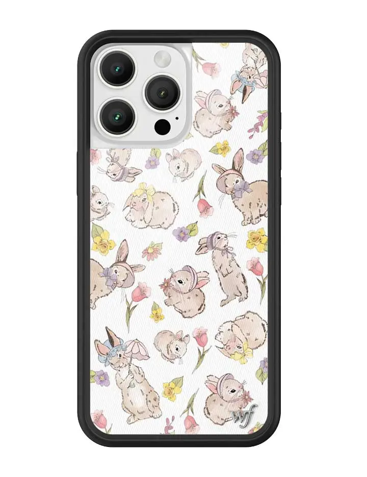 Bunnies in Bonnets | Limited Edition Trendy iPhone Case | Raised Protective Black Bumper | Women Owned Small Business | Egg Shell White Background Purple Tulips and Yellow Daisies Cute Bunnies in Bonnets | Safety Casing Protective | Gift for Her
