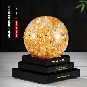 Gold Foil Citrine Crystal Ball Feng Shui Wealth Luck Ornament Natural Healing Crystal Sphere for Home Office Desk Decor Business Gift