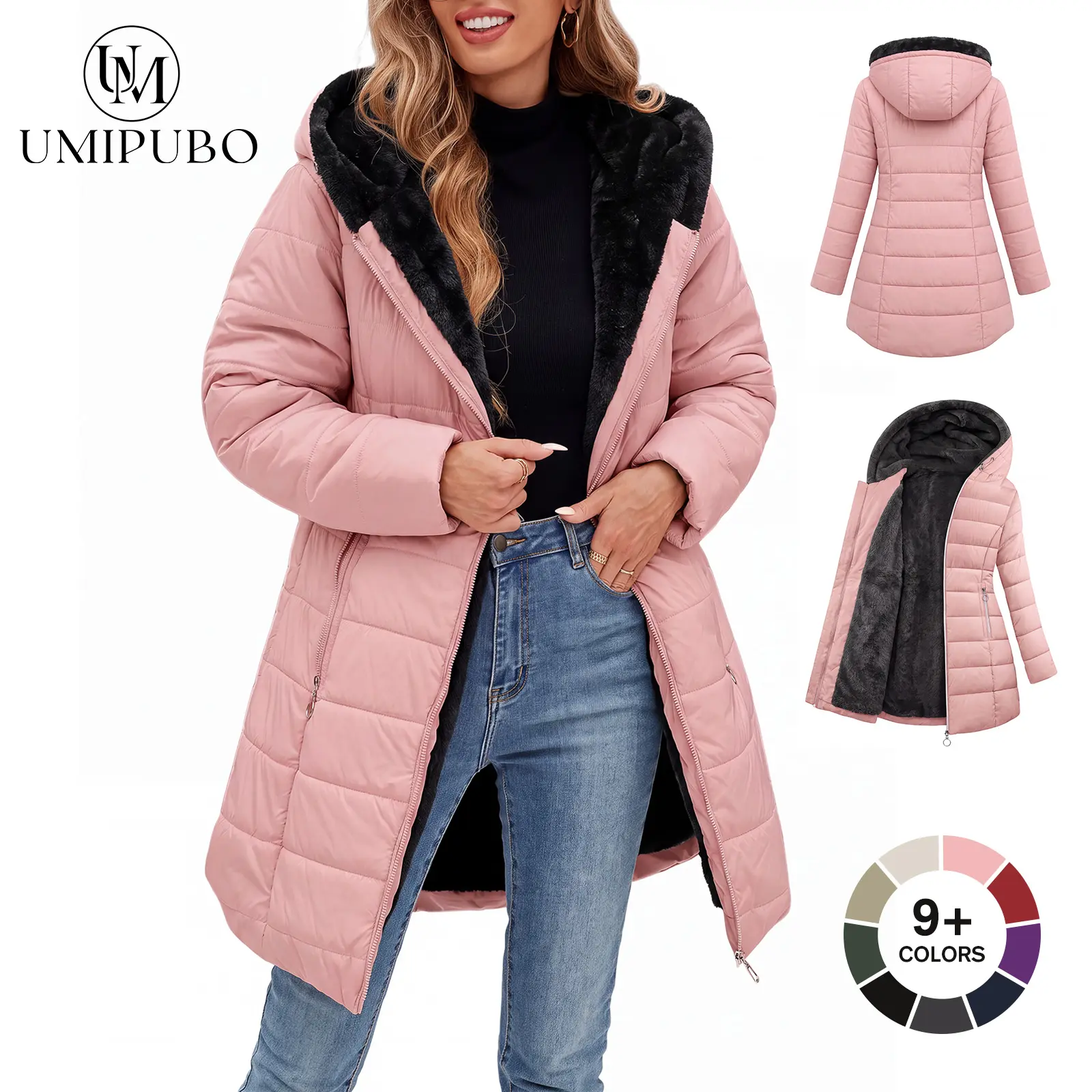 UMIPUBO Women's Long Sleeve Windproof Fur Warm Slim Fit Down Outerwear - Waterproof Full Zip Ski Coat with Zipper Closure, Casual Commuting Womenswear Jackets