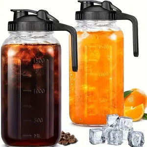 2-Pack Mason Jar with Handle and Leak-Proof Lid – BPA-Free High Borosilicate Glass Beverage Pitcher 64oz Reusable Cold Drink Carafe for Iced Coffee, Juice, Tea & Outdoor Use Bottles Drinkware Plastic Washable