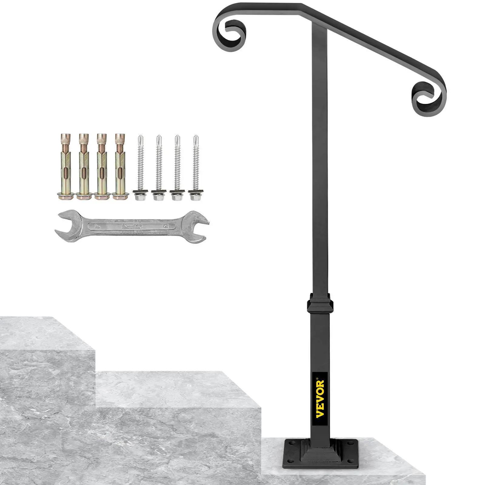 【SummerFinds】VEVOR Handrails for Outdoor Steps,  , Fit 1 or 2 Steps Outdoor Stair Railing, Single Post Wrought Iron Handrail, Gray Transitional Porch Railings for Concrete Steps or Wooden Stairs with Base