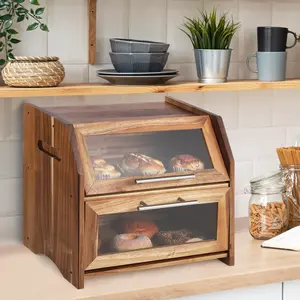 Double Layer Bread Box – Acacia Wood Bread Bin with Clear Acrylic Door & Air Vents, Rustic Countertop Bread Storage Container for Homemade Bread, Bagels, Muffins (Brown & Silver) Rack Metal