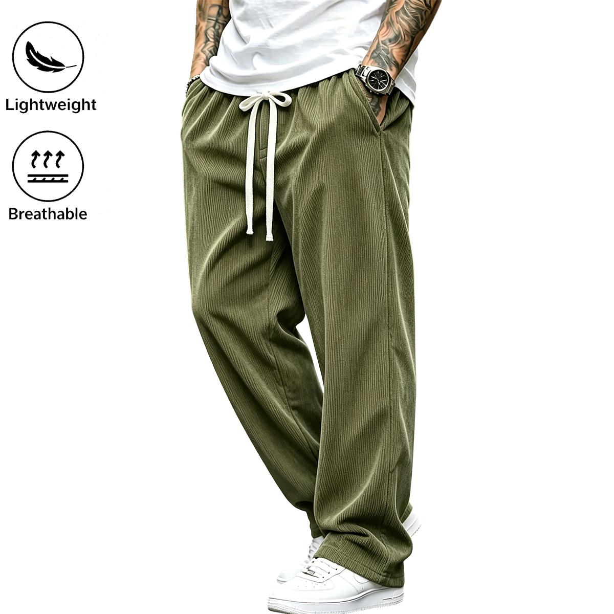 High-end corduroy long pants for men, new for autumn/winter; straight-leg sweatpants with a fluid drape and relaxed fit, wide-leg sports-casual trousers in solid colors with drawstring and pockets; breathable and comfortable, suitable for everyday activit