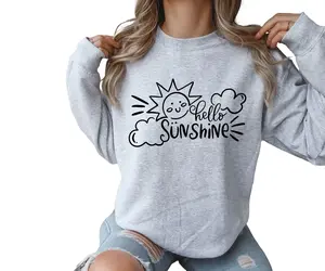 Hello Sunshine Crewneck Sweatshirt - Casual  Sweatshirt with Sun and Cloud Design, Comfortable Fit for Women