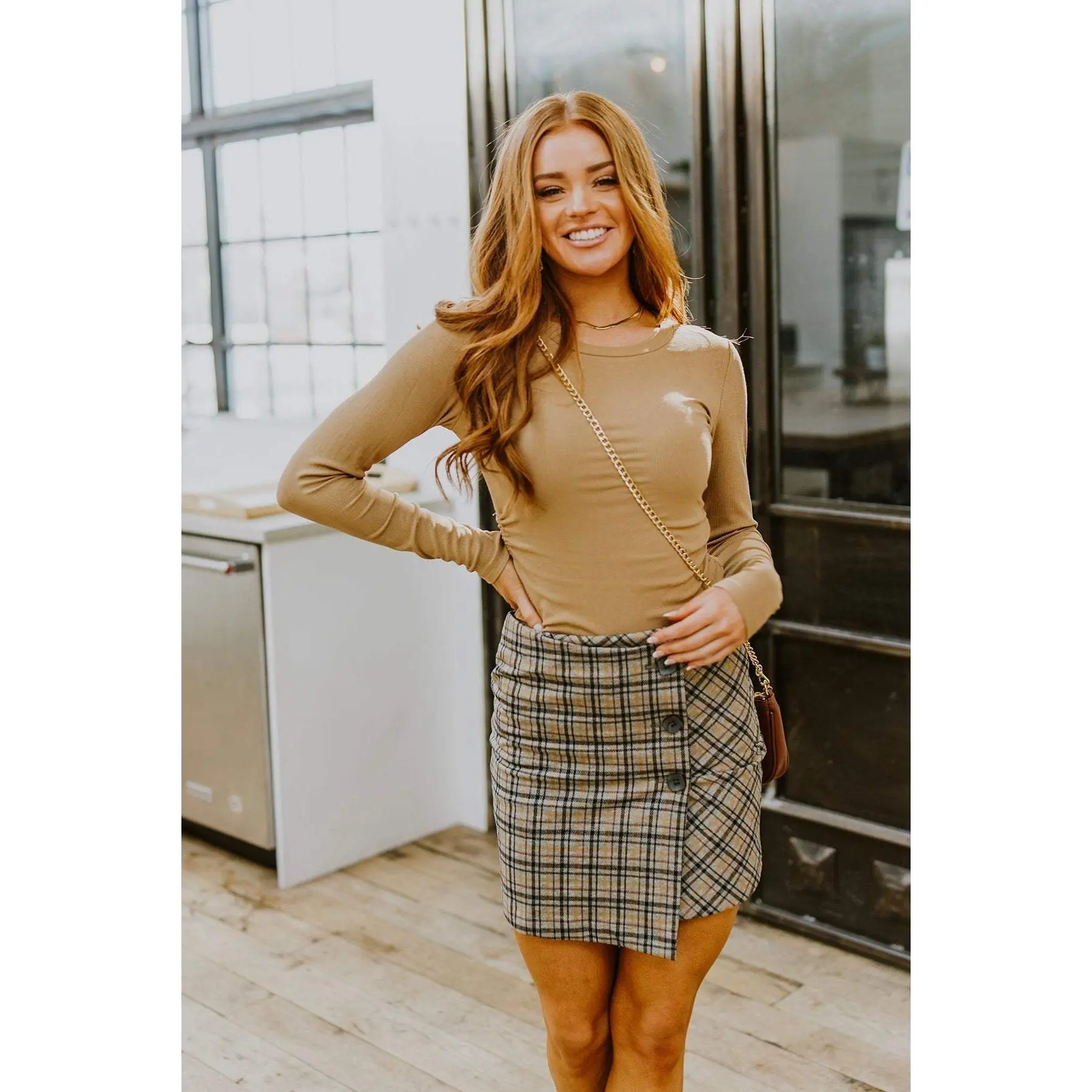 Hold Me Tight Ribbed Long Sleeve Top In Tan