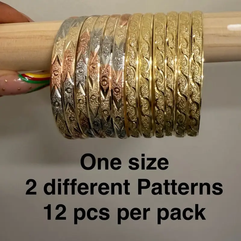 12 pcs  One size 2 different Mix Patterns GOLD/TRI  12 pcs per pack Patterns 22 k diamonds  cut Bangle Bracelets for Women Fashion Jewelry Accessories mix patterns packs