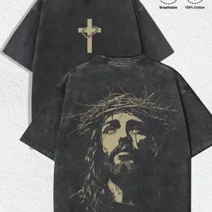 Jesus Christ Shirts - 100% Cotton Breathable T-Shirt with Detailed Cross and Crown of Thorns Design Casual Top Sleeve Shortsleeve Menswear Man